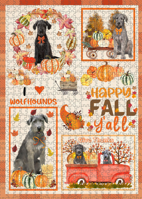 Happy Fall Y'all Pumpkin Wolfhound Dogs Portrait Jigsaw Puzzle for Adults Animal Interlocking Puzzle Game Unique Gift for Dog Lover's with Metal Tin Box