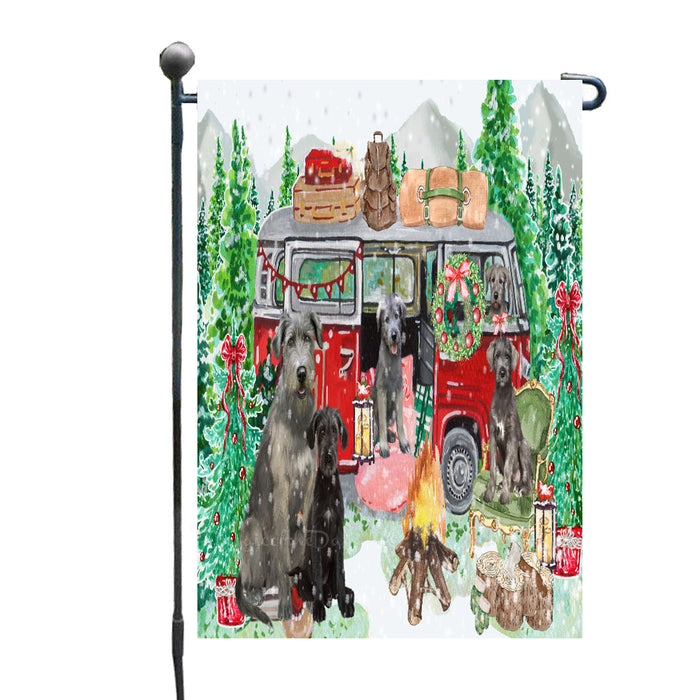 Christmas Time Camping with Wolfhound Dogs Garden Flags- Outdoor Double Sided Garden Yard Porch Lawn Spring Decorative Vertical Home Flags 12 1/2"w x 18"h