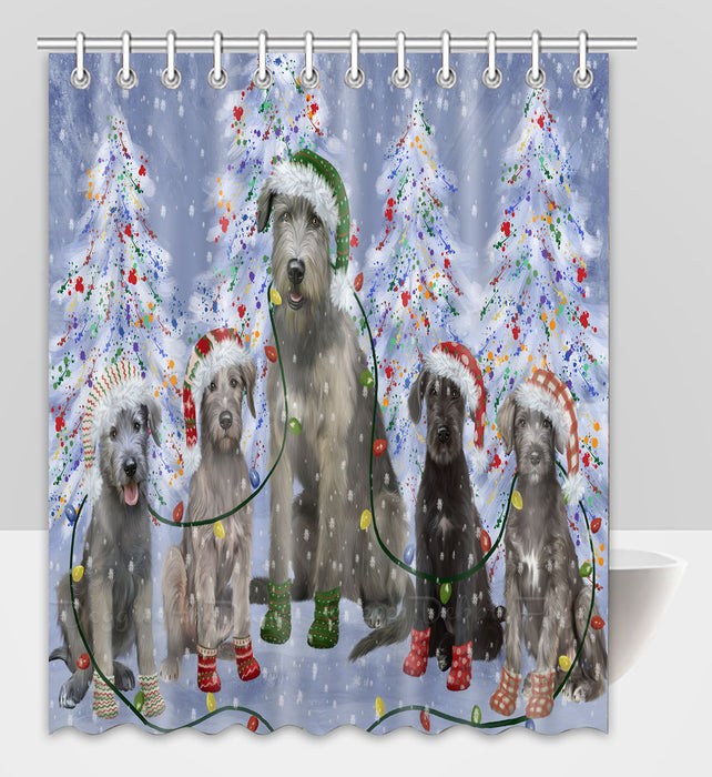 Christmas Lights and Wolfhound Dogs Shower Curtain Pet Painting Bathtub Curtain Waterproof Polyester One-Side Printing Decor Bath Tub Curtain for Bathroom with Hooks