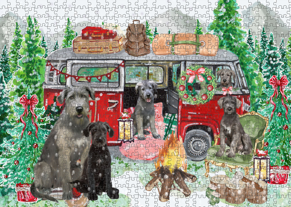 Christmas Time Camping with Wolfhound Dogs Portrait Jigsaw Puzzle for Adults Animal Interlocking Puzzle Game Unique Gift for Dog Lover's with Metal Tin Box