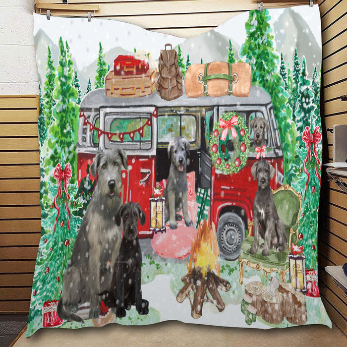 Christmas Time Camping with Wolfhound Dogs  Quilt Bed Coverlet Bedspread - Pets Comforter Unique One-side Animal Printing - Soft Lightweight Durable Washable Polyester Quilt