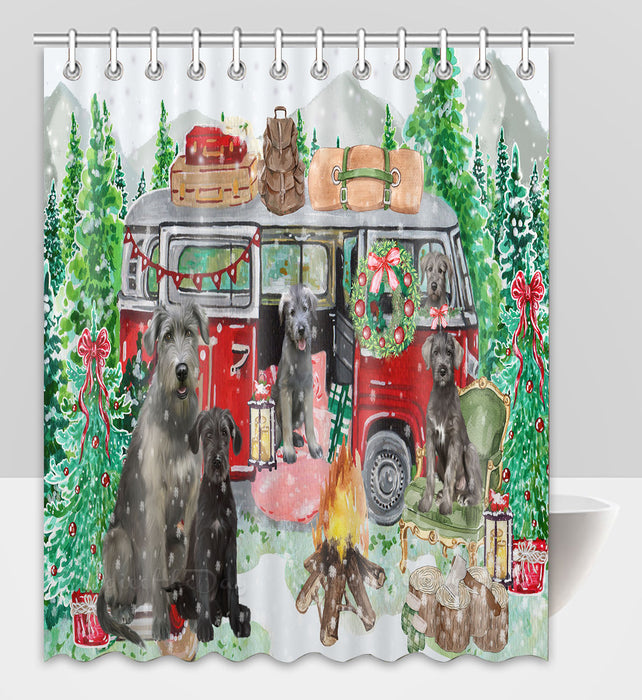 Christmas Time Camping with Wolfhound Dogs Shower Curtain Pet Painting Bathtub Curtain Waterproof Polyester One-Side Printing Decor Bath Tub Curtain for Bathroom with Hooks