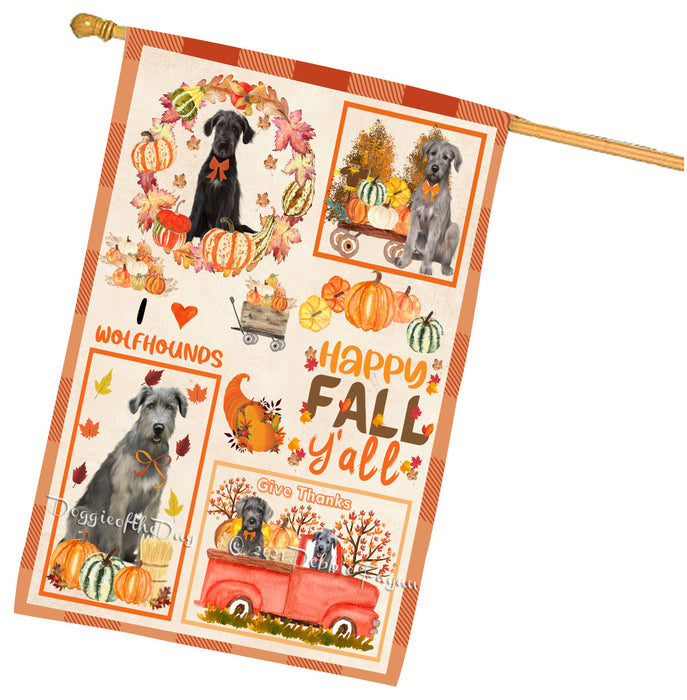 Happy Fall Y'all Pumpkin Wolfhound Dogs House Flag Outdoor Decorative Double Sided Pet Portrait Weather Resistant Premium Quality Animal Printed Home Decorative Flags 100% Polyester