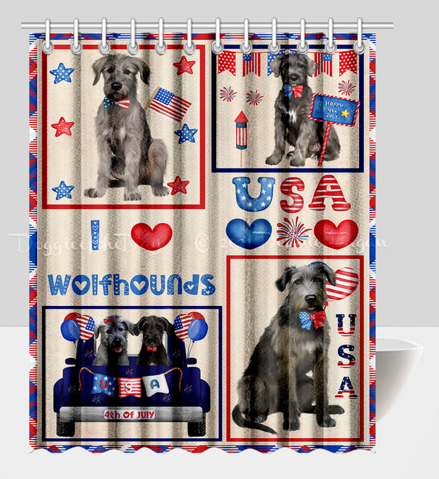 4th of July Independence Day I Love USA Wolfhound Dogs Shower Curtain Pet Painting Bathtub Curtain Waterproof Polyester One-Side Printing Decor Bath Tub Curtain for Bathroom with Hooks