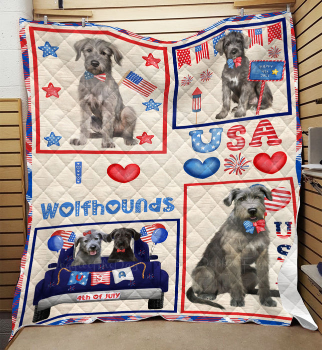 4th of July Independence Day I Love USA Wolfhound Dogs Quilt Bed Coverlet Bedspread - Pets Comforter Unique One-side Animal Printing - Soft Lightweight Durable Washable Polyester Quilt
