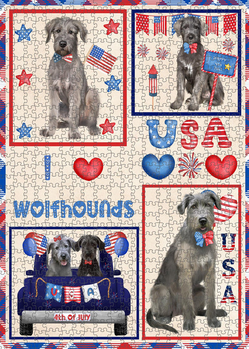 4th of July Independence Day I Love USA Wolfhound Dogs Portrait Jigsaw Puzzle for Adults Animal Interlocking Puzzle Game Unique Gift for Dog Lover's with Metal Tin Box