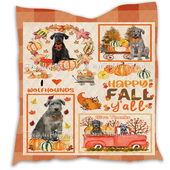 Happy Fall Y'all Pumpkin Wolfhound Dogs Quilt Bed Coverlet Bedspread - Pets Comforter Unique One-side Animal Printing - Soft Lightweight Durable Washable Polyester Quilt