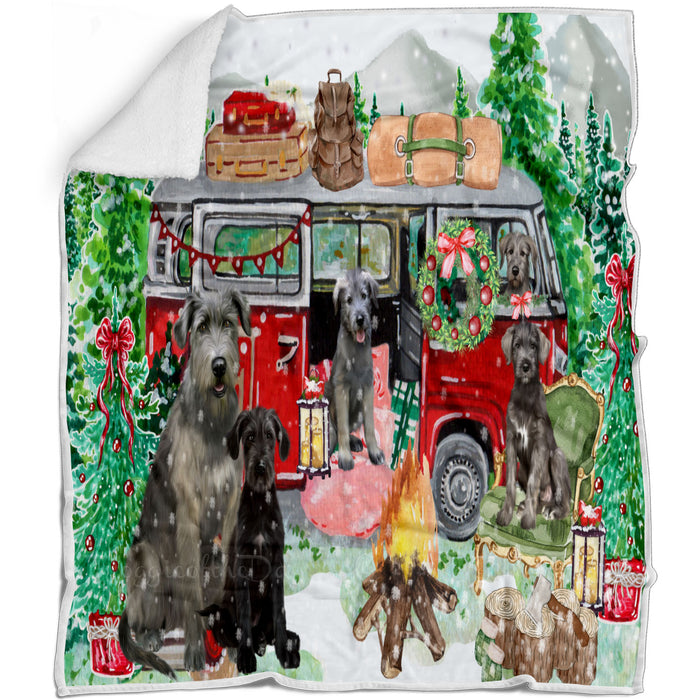 Christmas Time Camping with Wolfhound Dogs Blanket - Lightweight Soft Cozy and Durable Bed Blanket - Animal Theme Fuzzy Blanket for Sofa Couch