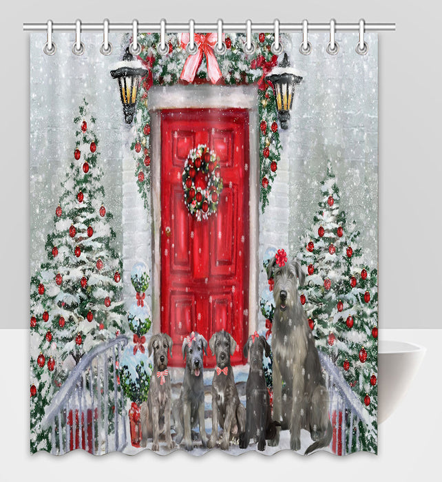 Christmas Holiday Welcome Wolfhound Dogs Shower Curtain Pet Painting Bathtub Curtain Waterproof Polyester One-Side Printing Decor Bath Tub Curtain for Bathroom with Hooks