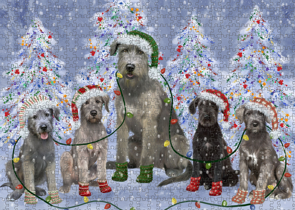 Christmas Lights and Wolfhound Dogs Portrait Jigsaw Puzzle for Adults Animal Interlocking Puzzle Game Unique Gift for Dog Lover's with Metal Tin Box