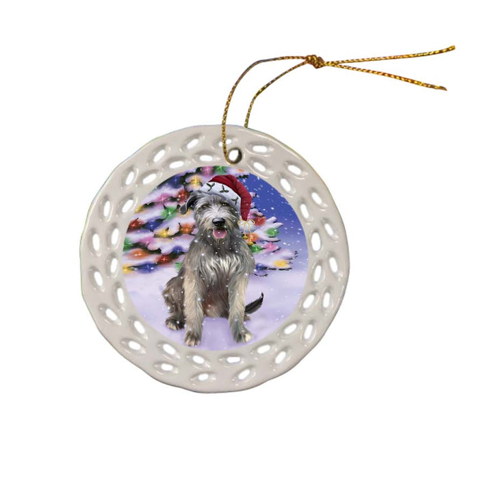 Winterland Wonderland Wolfhound Dog In Christmas Holiday Scenic Background Ceramic Doily Ornament DPOR56103