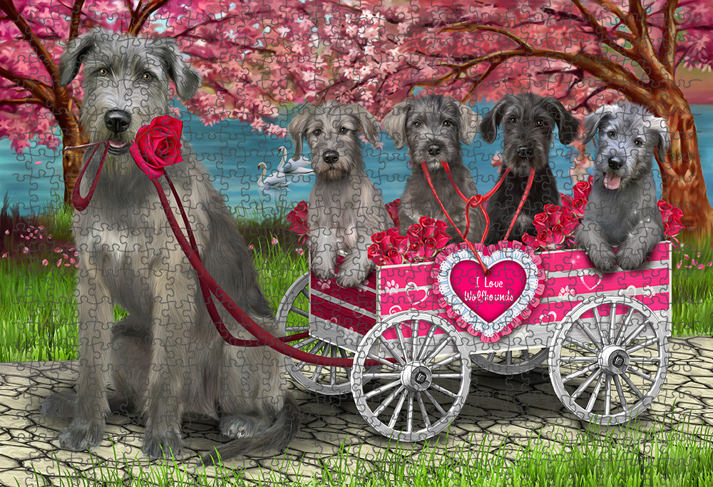I Love Wolfhound Dogs in a Cart Portrait Jigsaw Puzzle for Adults Animal Interlocking Puzzle Game Unique Gift for Dog Lover's with Metal Tin Box