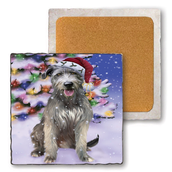 Winterland Wonderland Wolfhound Dog In Christmas Holiday Scenic Background Set of 4 Natural Stone Marble Tile Coasters MCST50747