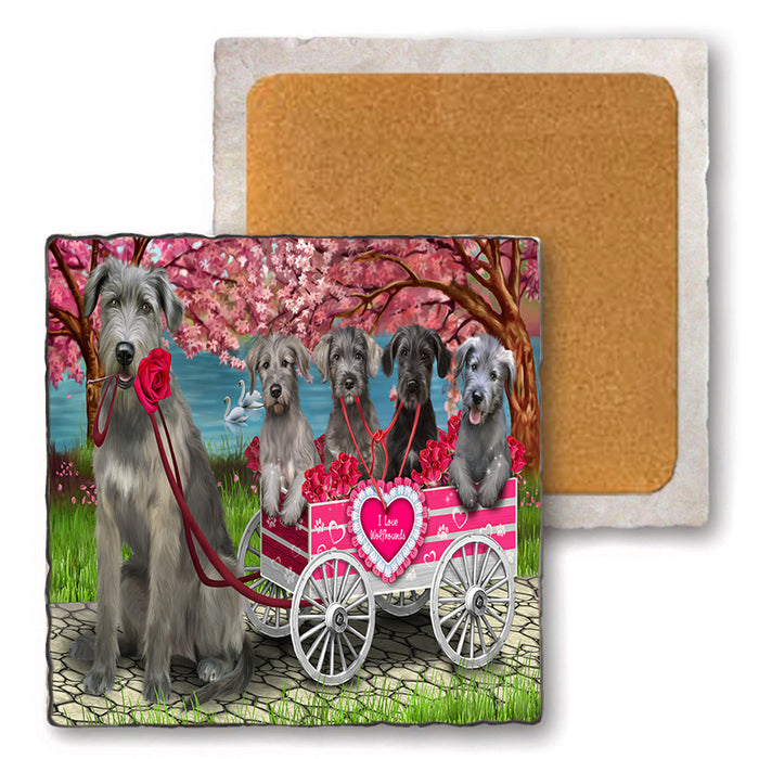 I Love Wolfhound Dogs in a Cart Set of 4 Natural Stone Marble Tile Coasters MCST52122