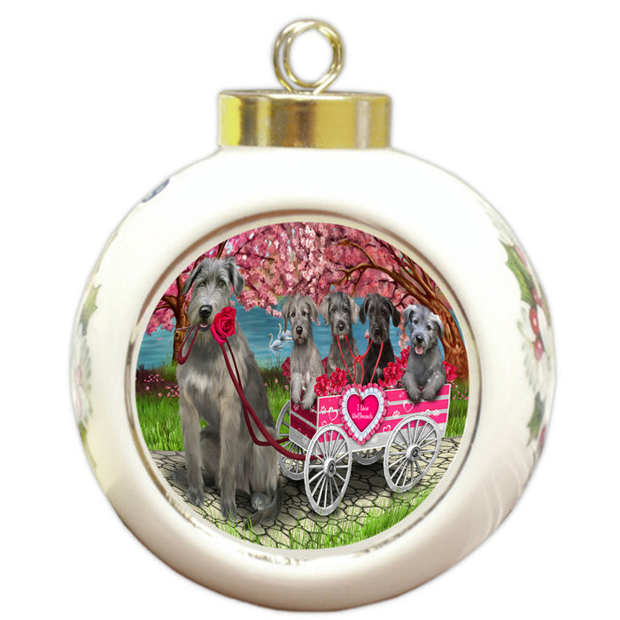 I Love Wolfhound Dogs in a Cart Round Ball Christmas Ornament RBPOR58249