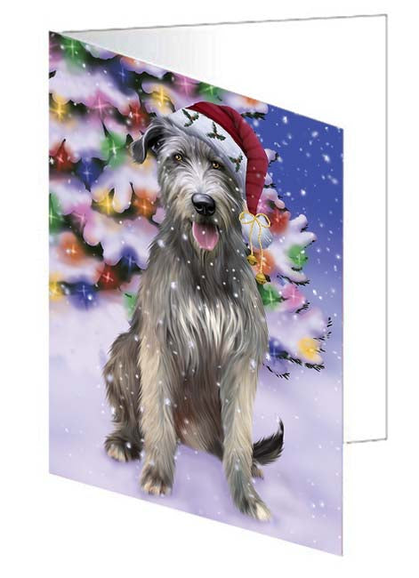 Winterland Wonderland Wolfhound Dog In Christmas Holiday Scenic Background Handmade Artwork Assorted Pets Greeting Cards and Note Cards with Envelopes for All Occasions and Holiday Seasons GCD71756