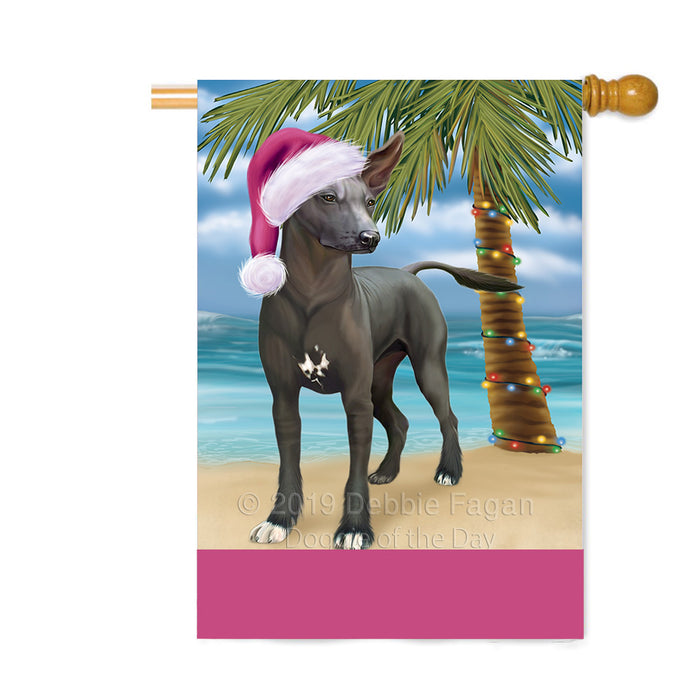 Personalized Summertime Happy Holidays Christmas Xoloitzcuintli Mexican Haireless Dog on Tropical Island Beach Custom House Flag FLG-DOTD-A60611
