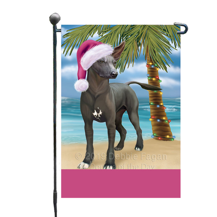 Personalized Summertime Happy Holidays Christmas Xoloitzcuintli Mexican Haireless Dog on Tropical Island Beach  Custom Garden Flags GFLG-DOTD-A60555