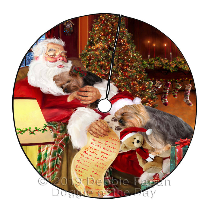 Santa Sleeping with Yokshire Terrier Dogs Christmas Tree Skirt