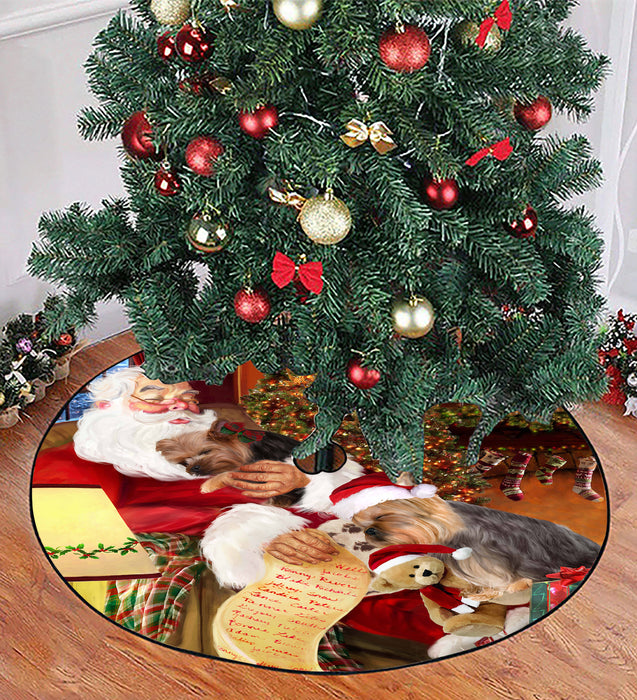 Santa Sleeping with Yokshire Terrier Dogs Christmas Tree Skirt
