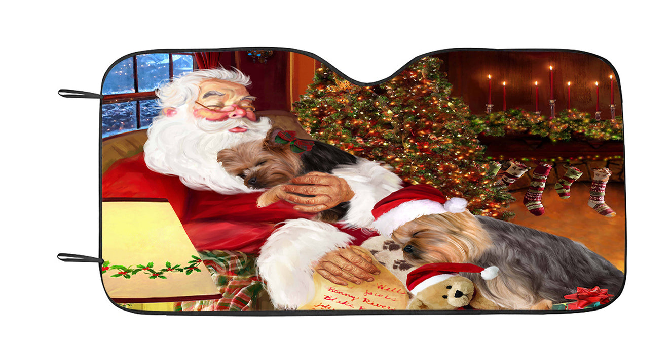 Santa Sleeping with Yokshire Terrier Dogs Car Sun Shade