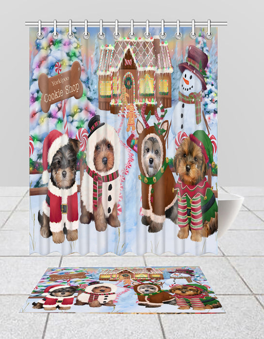 Holiday Gingerbread Cookie Yorkipoo Dogs  Bath Mat and Shower Curtain Combo