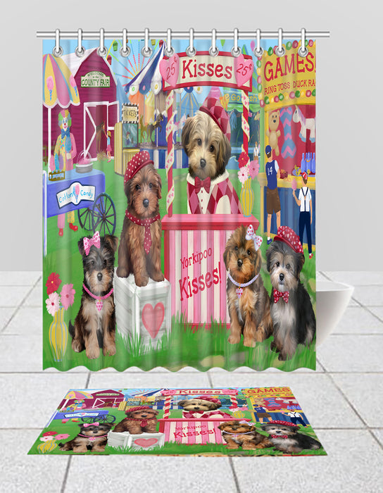 Carnival Kissing Booth Yorkipoo Dogs  Bath Mat and Shower Curtain Combo