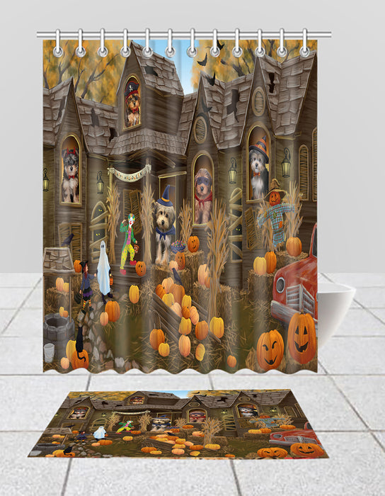 Haunted House Halloween Trick or Treat Yorkipoo Dogs  Bath Mat and Shower Curtain Combo