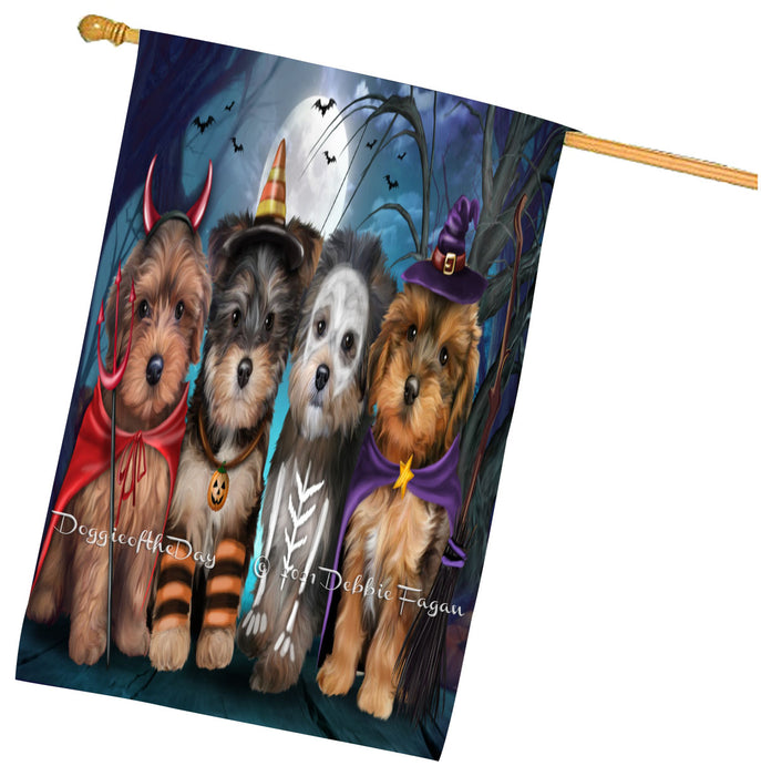 Halloween Trick or Treat Yorkipoo Dogs House Flag Outdoor Decorative Double Sided Pet Portrait Weather Resistant Premium Quality Animal Printed Home Decorative Flags 100% Polyester