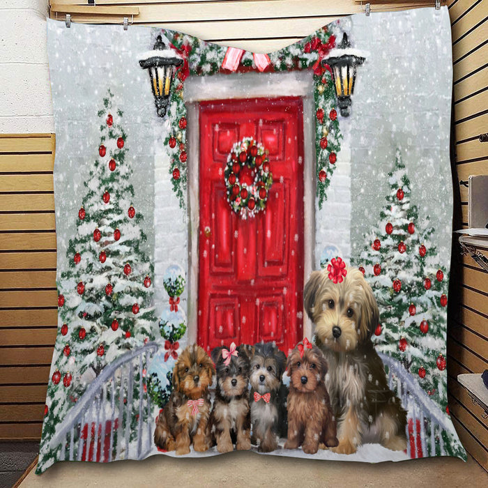 Christmas Holiday Welcome Yorkipoo Dogs  Quilt Bed Coverlet Bedspread - Pets Comforter Unique One-side Animal Printing - Soft Lightweight Durable Washable Polyester Quilt