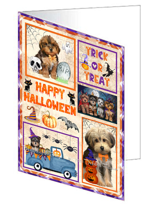 Happy Halloween Trick or Treat Yorkipoo Dogs Handmade Artwork Assorted Pets Greeting Cards and Note Cards with Envelopes for All Occasions and Holiday Seasons GCD76670