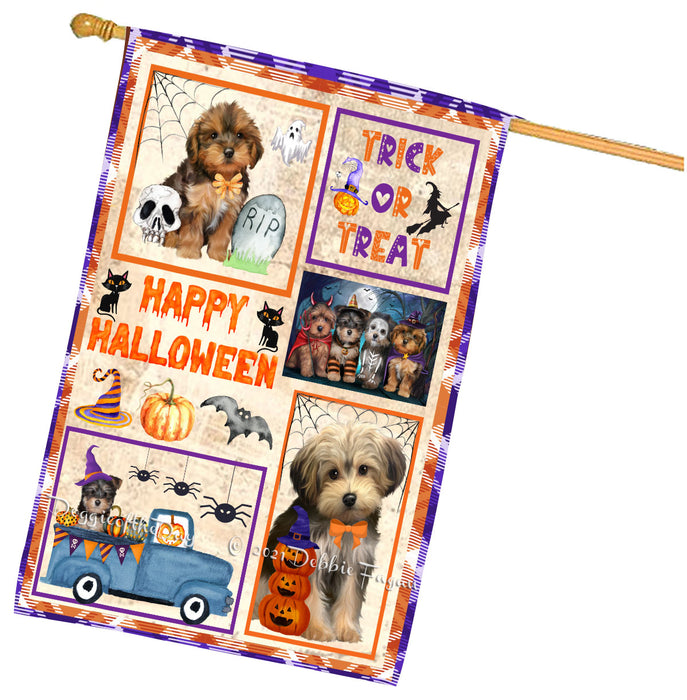 Happy Halloween Trick or Treat Yorkipoo Dogs House Flag Outdoor Decorative Double Sided Pet Portrait Weather Resistant Premium Quality Animal Printed Home Decorative Flags 100% Polyester