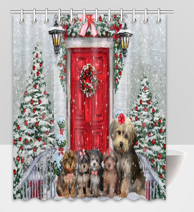 Christmas Holiday Welcome Yorkipoo Dogs Shower Curtain Pet Painting Bathtub Curtain Waterproof Polyester One-Side Printing Decor Bath Tub Curtain for Bathroom with Hooks