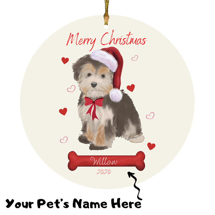Personalized Merry Christmas  Yorkipoo Dog Christmas Tree Round Flat Ornament RBPOR59036