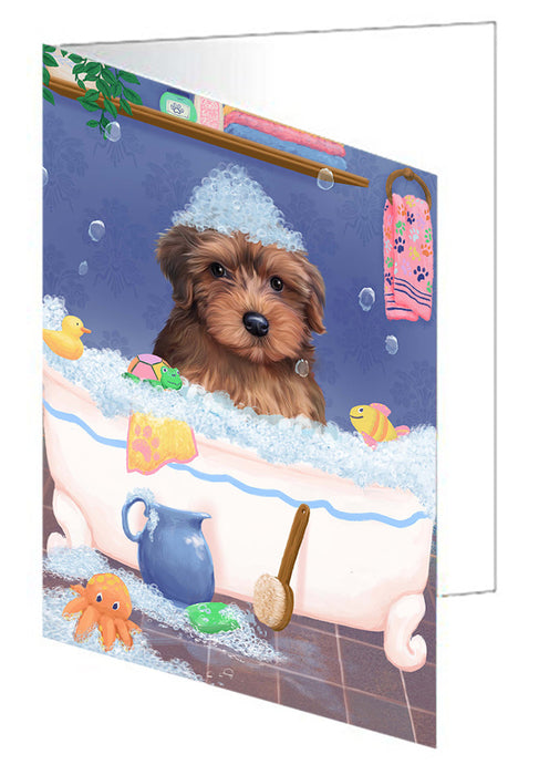 Rub A Dub Dog In A Tub Yorkipoo Dog Handmade Artwork Assorted Pets Greeting Cards and Note Cards with Envelopes for All Occasions and Holiday Seasons GCD79760