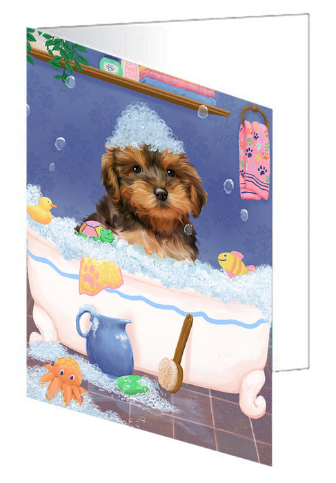 Rub A Dub Dog In A Tub Yorkipoo Dog Handmade Artwork Assorted Pets Greeting Cards and Note Cards with Envelopes for All Occasions and Holiday Seasons GCD79751