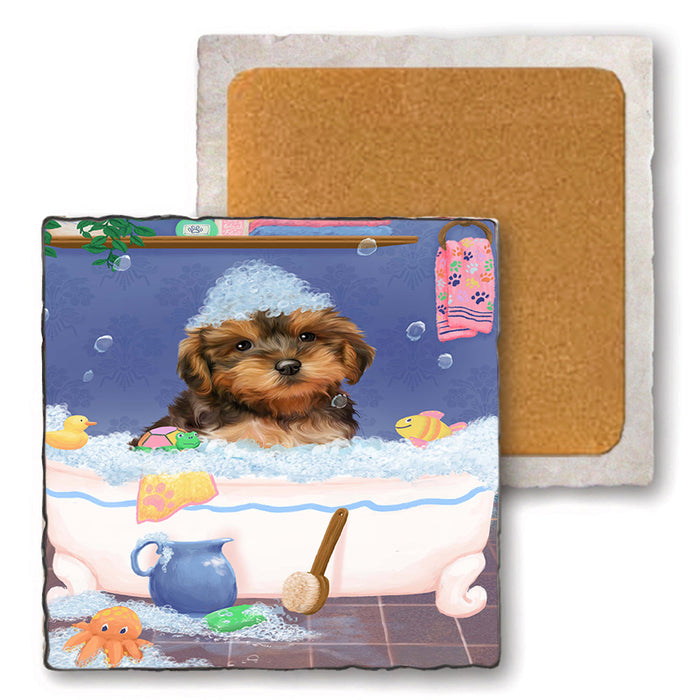 Rub A Dub Dog In A Tub Yorkipoo Dog Set of 4 Natural Stone Marble Tile Coasters MCST52479