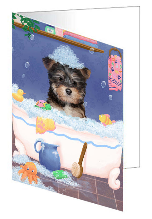 Rub A Dub Dog In A Tub Yorkipoo Dog Handmade Artwork Assorted Pets Greeting Cards and Note Cards with Envelopes for All Occasions and Holiday Seasons GCD79754
