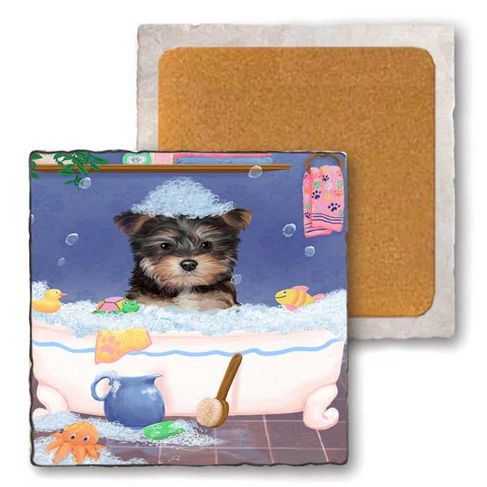 Rub A Dub Dog In A Tub Yorkipoo Dog Set of 4 Natural Stone Marble Tile Coasters MCST52480
