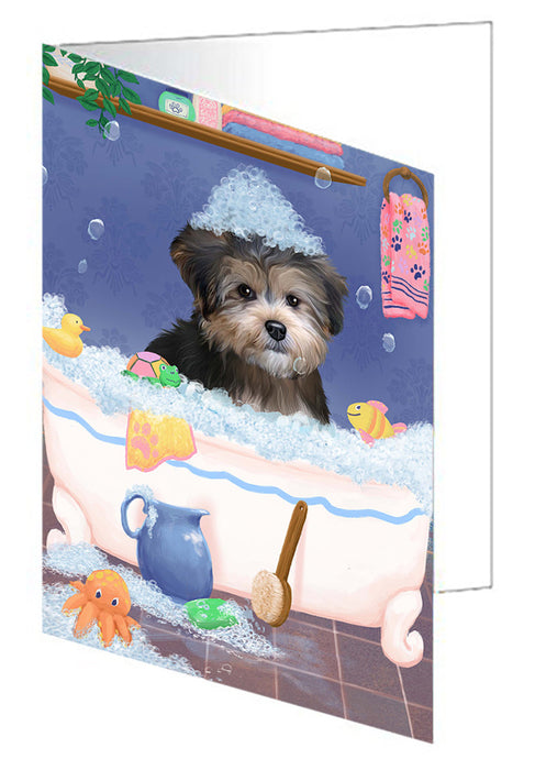 Rub A Dub Dog In A Tub Yorkipoo Dog Handmade Artwork Assorted Pets Greeting Cards and Note Cards with Envelopes for All Occasions and Holiday Seasons GCD79757