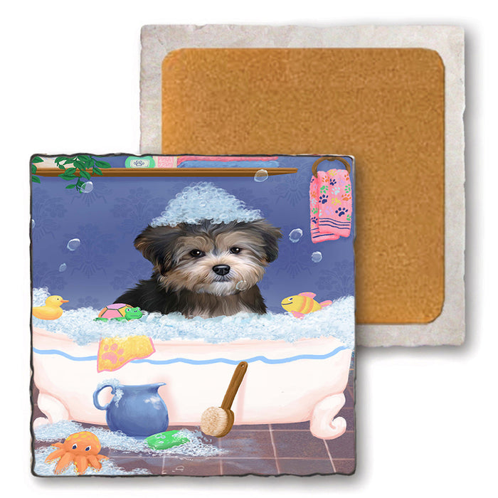 Rub A Dub Dog In A Tub Yorkipoo Dog Set of 4 Natural Stone Marble Tile Coasters MCST52481