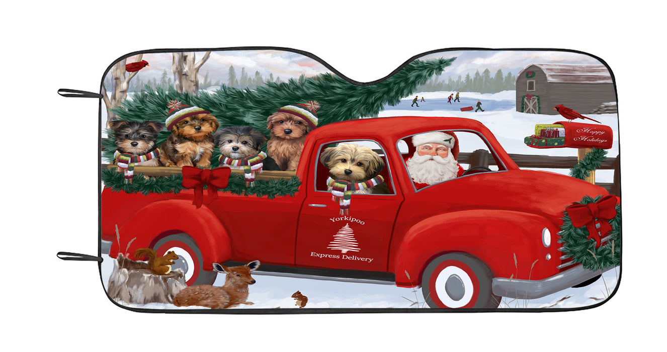 Christmas Santa Express Delivery Red Truck Yorkipoo Dogs Car Sun Shade