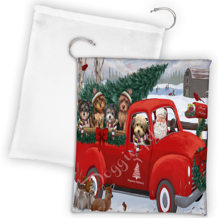 Christmas Santa Express Delivery Red Truck Yorkipoo Dogs Drawstring Laundry or Gift Bag LGB48357