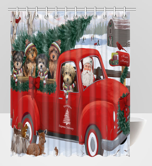 Christmas Santa Express Delivery Red Truck Yorkipoo Dogs Shower Curtain