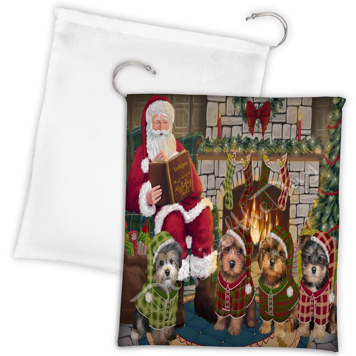 Christmas Cozy Holiday Fire Tails Yorkipoo Dogs Drawstring Laundry or Gift Bag LGB48551
