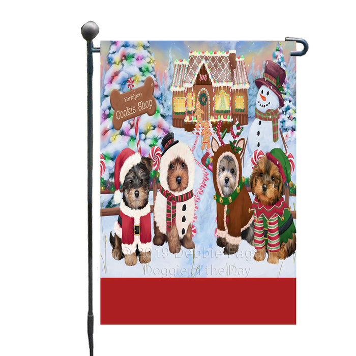 Personalized Holiday Gingerbread Cookie Shop Yorkipoo Dogs Custom Garden Flags GFLG-DOTD-A59253