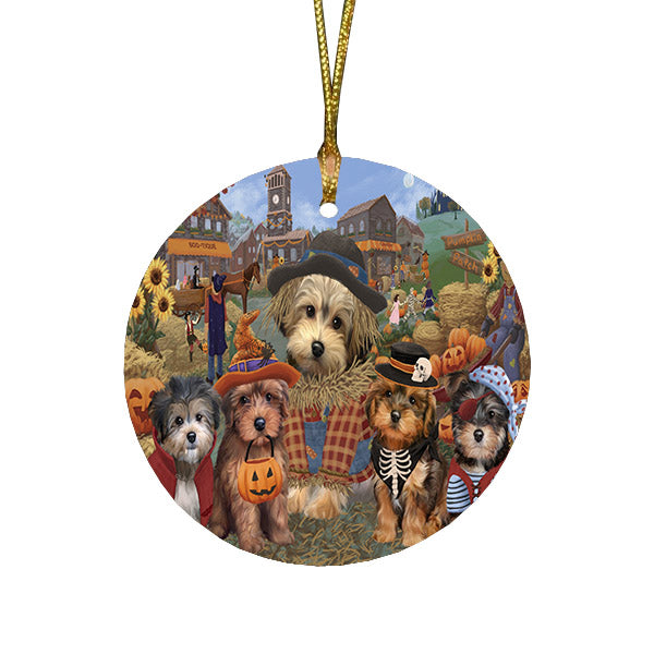 Halloween 'Round Town And Fall Pumpkin Scarecrow Both Yorkipoo Dogs Round Flat Christmas Ornament RFPOR57622