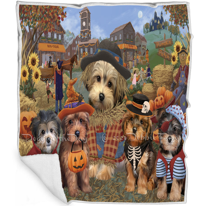 Halloween 'Round Town And Fall Pumpkin Scarecrow Both Yorkipoo Dogs Blanket BLNKT143682