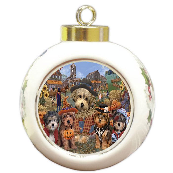 Halloween 'Round Town And Fall Pumpkin Scarecrow Both Yorkipoo Dogs Round Ball Christmas Ornament RBPOR57622
