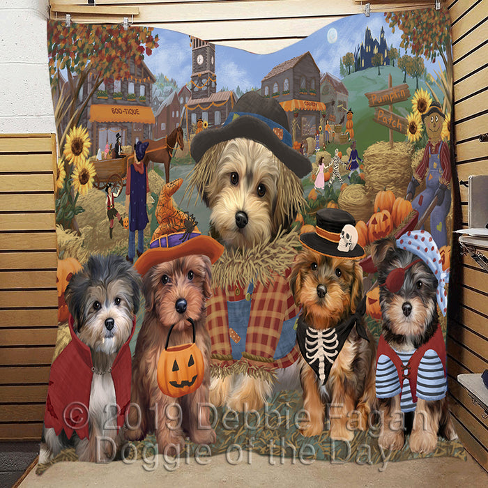 Halloween 'Round Town and Fall Pumpkin Scarecrow Both Yorkipoo Dogs Quilt